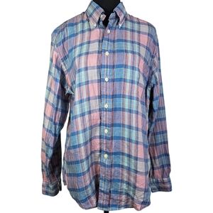 Brooks Brothers Blue and Pink Plaid Linen Shirt Size Med